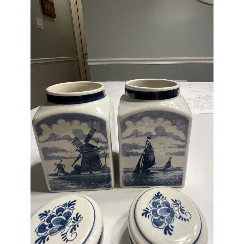 Pair of Delft Blue White Lidded Jars Spice Vanity Windmill Sailboat